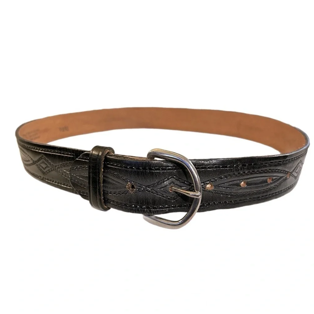 Santa Fe Co Belt Women’s Large Black Leather Western Leather Diamond Concho Belt